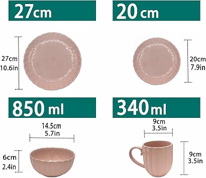 16-Pieces Stoneware Dinnerware Set, Dinner Set, Kitchen Dinnerware Ceramic Crockery Set, Dinner Service Set for 4, Include Dinner Plate, Dessert Plate, Cereal Bowl and Mug. (Cherry Blossom Pink)