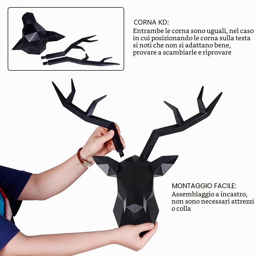 Keygift Testa di cervo decorazione da parete geometrica corna di cervo nero scultura da parete finta tassidermia resina parete testa di animale 48 x 17 x 43 cm