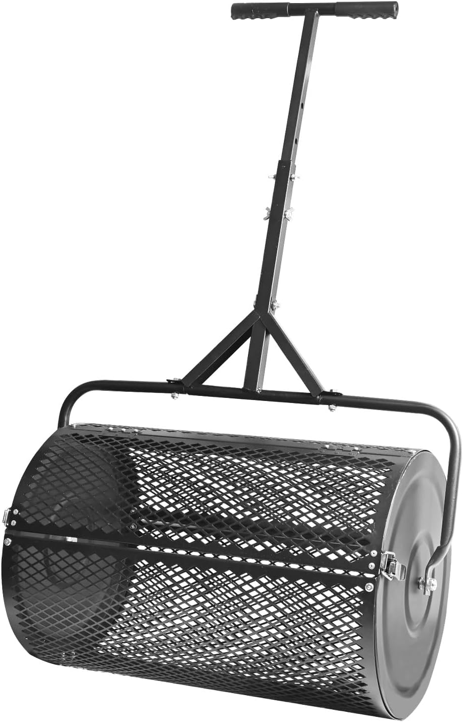 MAKEATREE 16 Inch Compost Spreader and Peat Moss Spreader, 16" Lawn and Garden Roller with Adjustable Handle, Steel Mesh Basket for Spreading Manure, Top Soil, Black