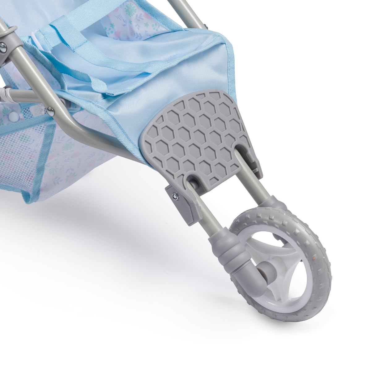 JC Toys Poussette Pliable à 3 Roues, pour poupées jusqu'à 45 cm, avec Panier et Capote, idéale pour Jouer et se Promener, Bleu avec décoration Florale, conçue par Berenguer, +3 Ans