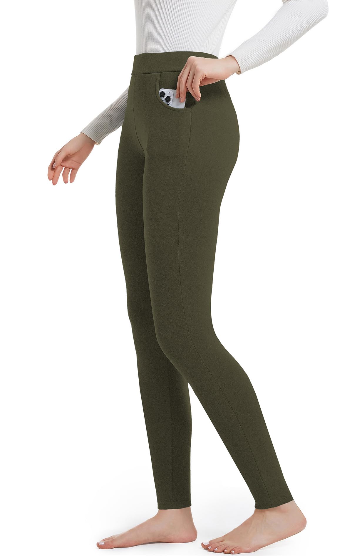 ACHTELEPHS Leggings Damen Baumwolle mit Taschen Blickdichte Leggins High Waist Olivgrün XL-XXL