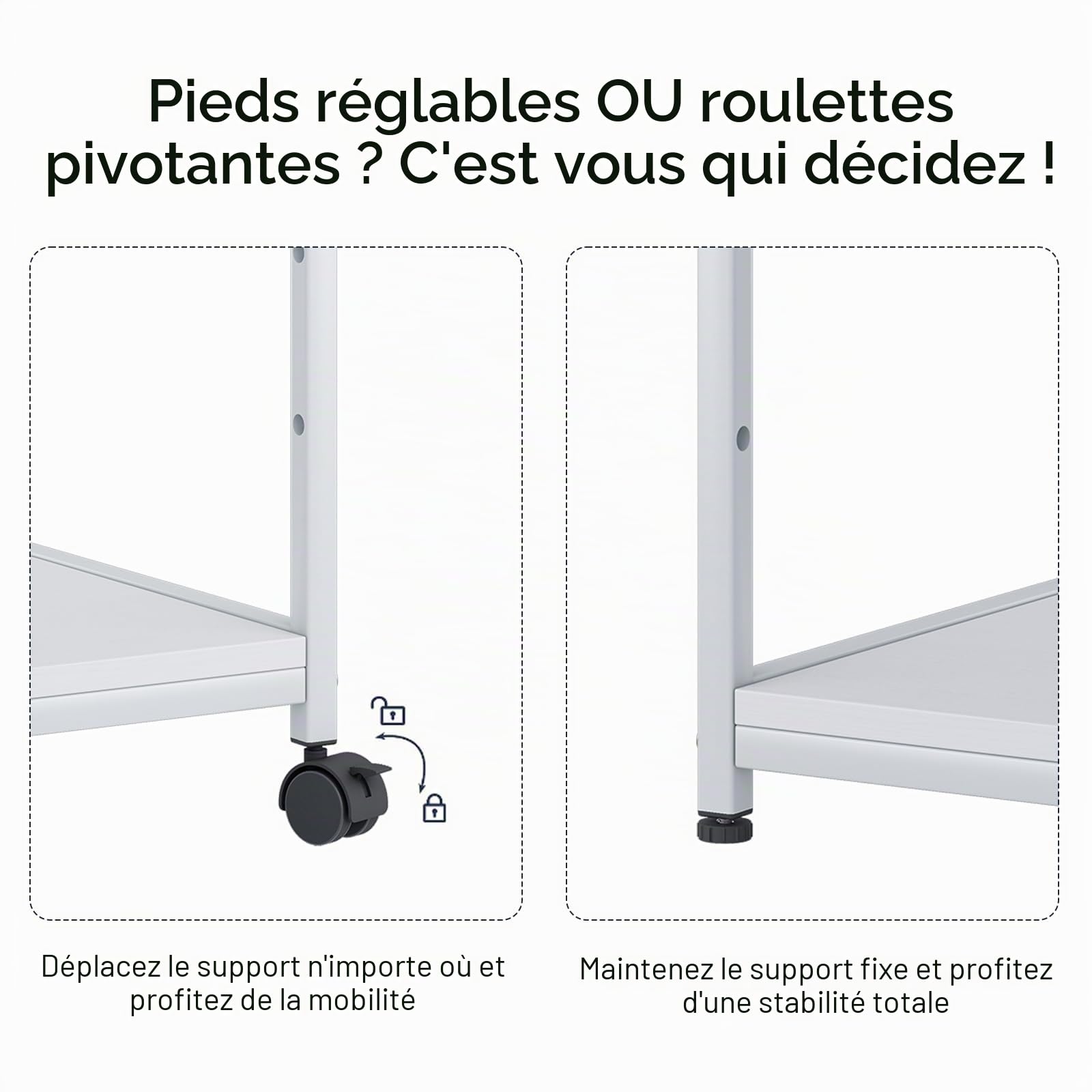 Support d'imprimante 3 étages avec roulettes - Chariot métal - Étagère bureau, maison, école - Armoire fax, photocopieur, scanner (blanc pur)
