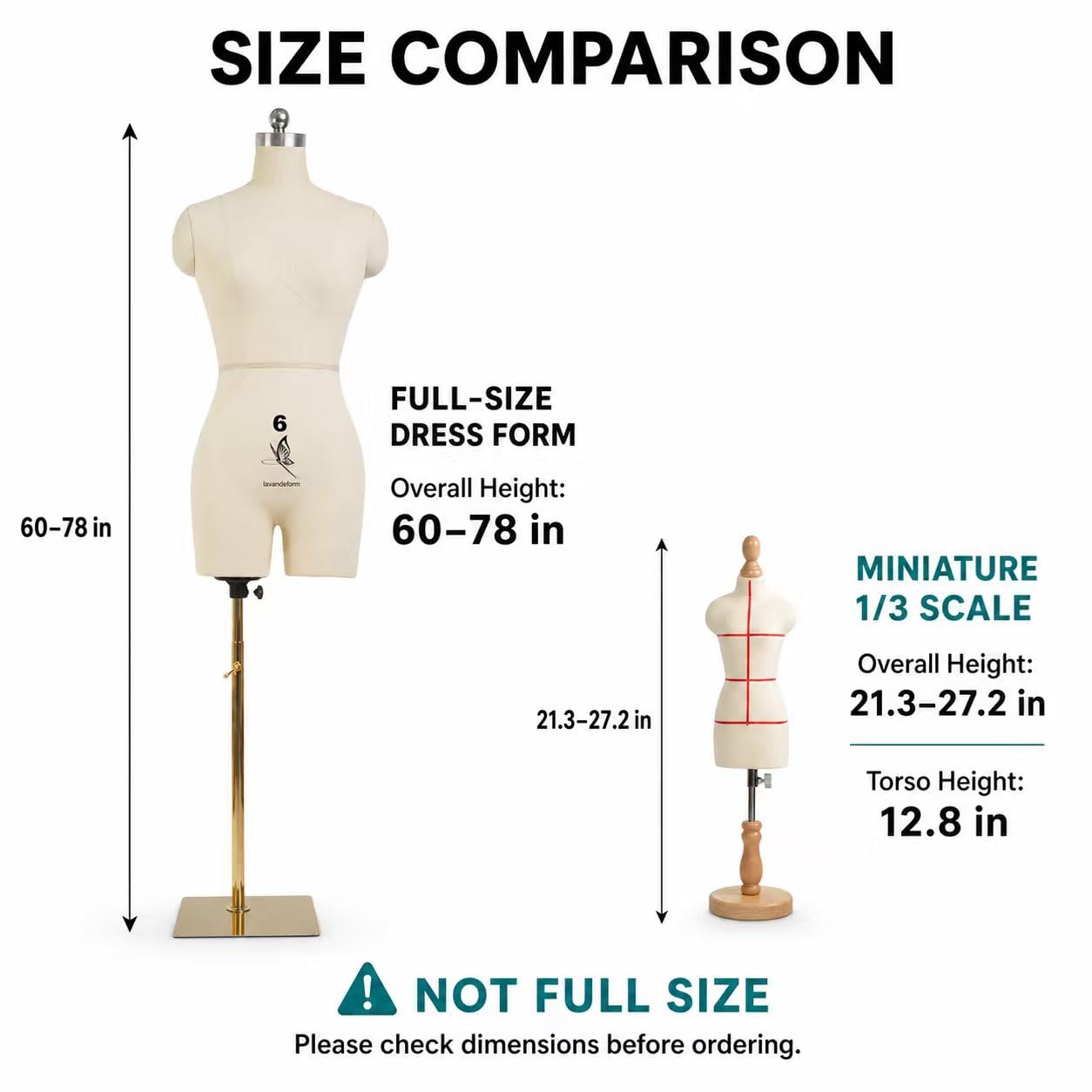 lavandeform 1/3 Scale Dress Form Mannequin for Fashion Design Pattern Making and Draping 12.8-Inch Torso Adjustable 21.3 to 27.2 Inches Overall Height, Fully Pinnable Not Full-Size : Arts, Crafts & Sewing