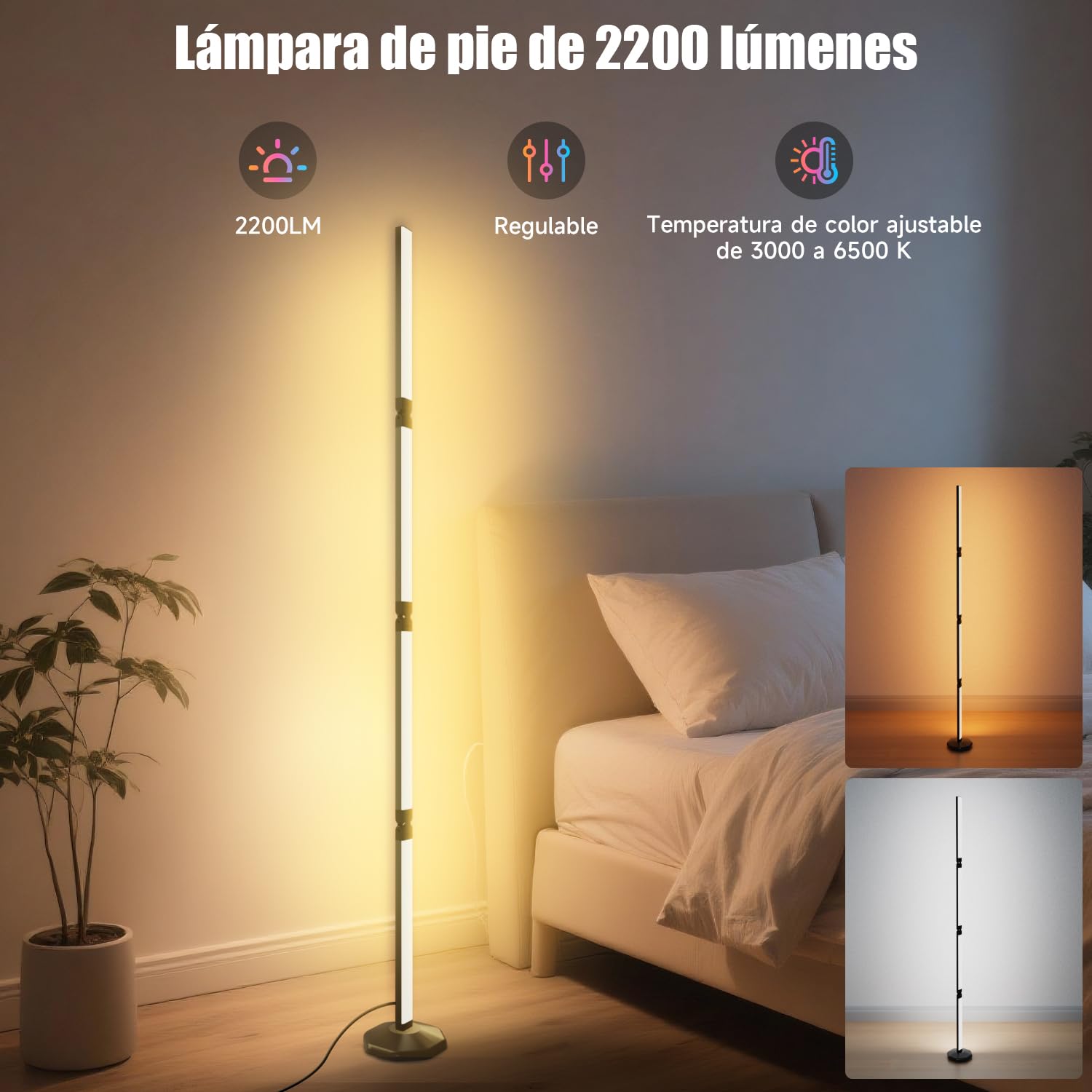 171cm Lampara de Pie Plegable, Smart Regulable RGB Luces LED | 2200 LM con Control Remoto y APP, Sinc Musica, Temporizador Función, 99+ Modos de Escena, Lampara Salon, Dormitorio, Cama