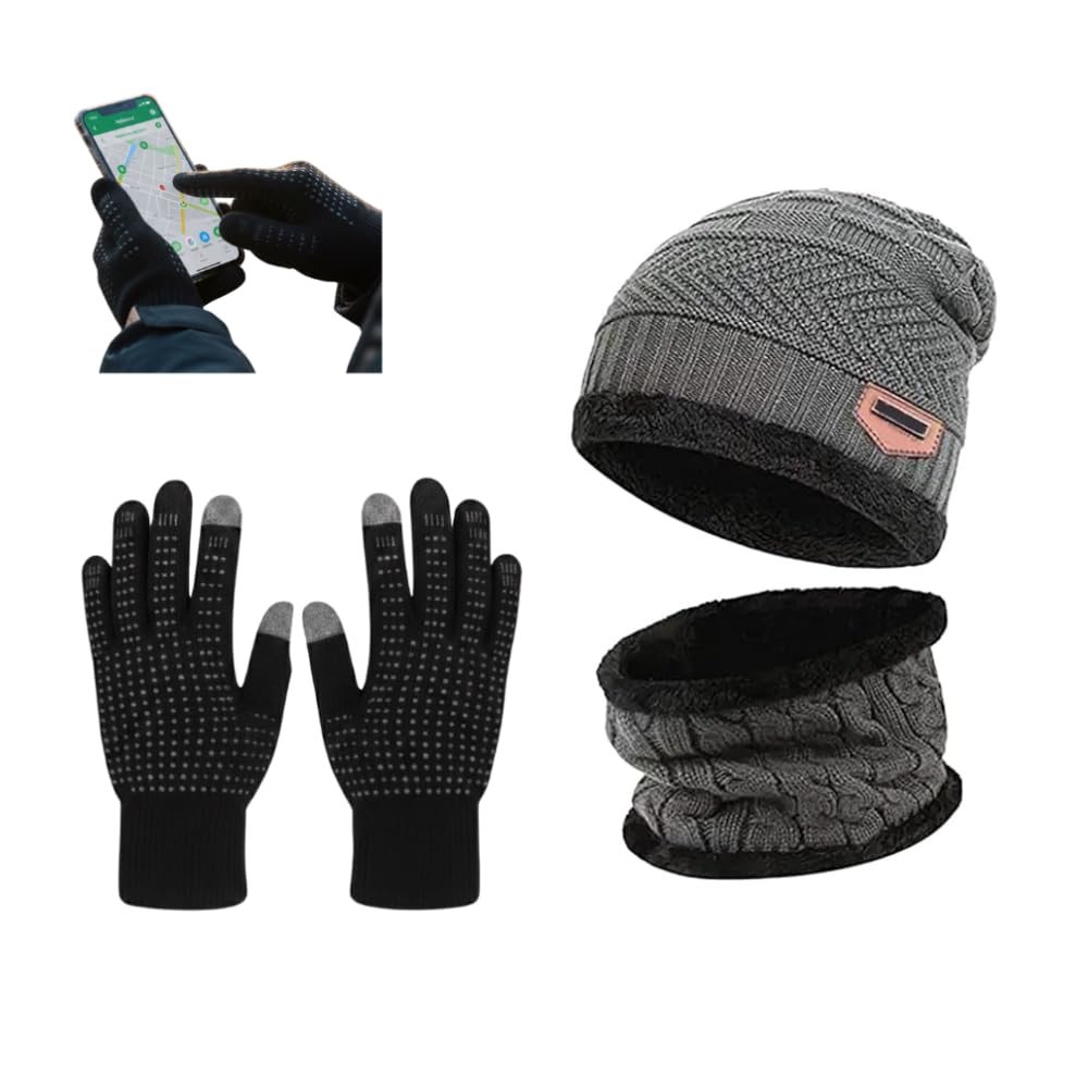 Winter Beanie Cap with Neck Warmer & Touchscreen Gloves Set | Thick Knitted Fleece-Lined Cold Protection Combo for Men & Women | Soft, Stretchable Winter Wear-image-33