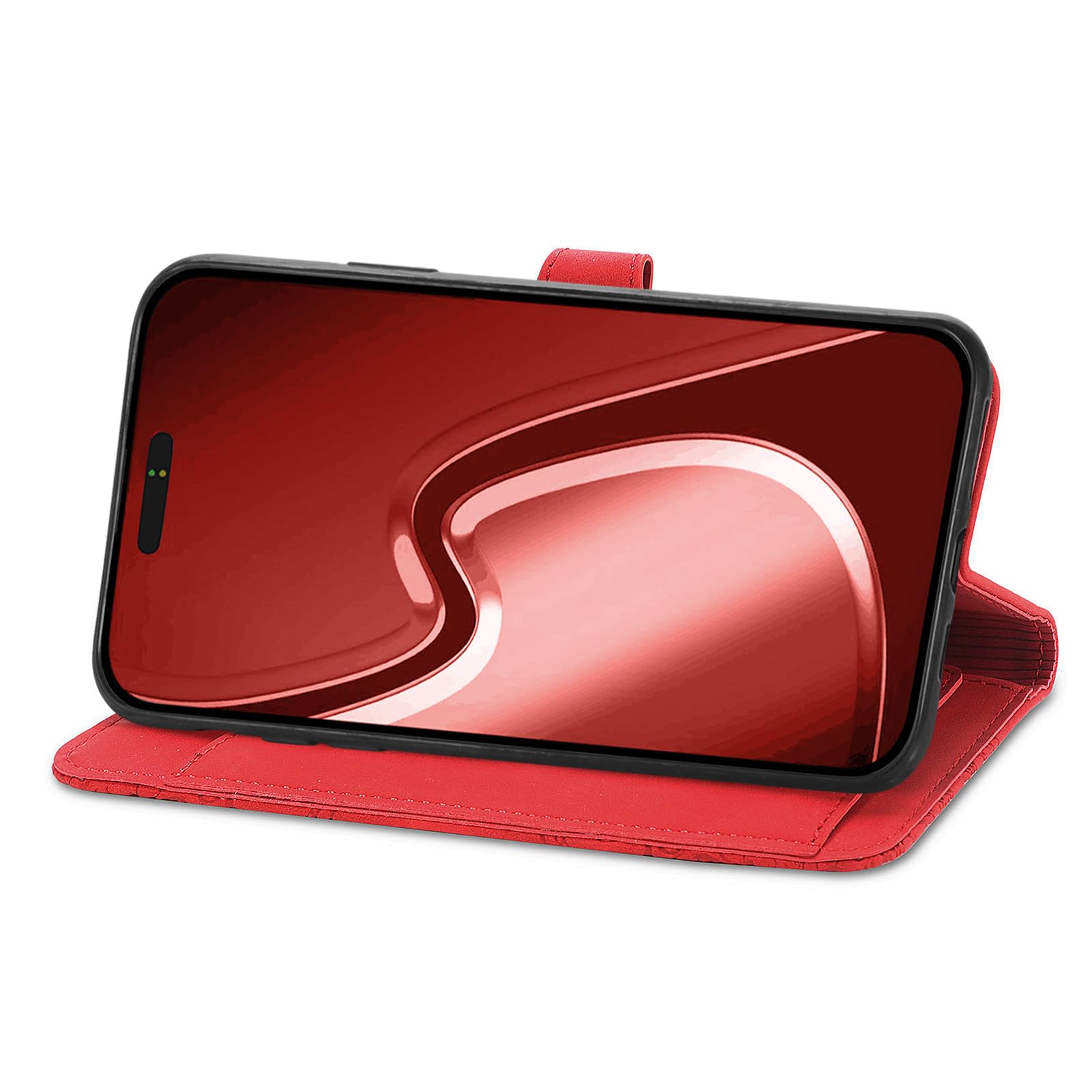 NEXCURIO Custodia a Libro Cover Portafoglio per Apple iPhone 16 Pro Max Flip Case in Pelle Fiori Donna con Tasca Zip Porta Carte Laccio Supporto Antiurto - Rosso