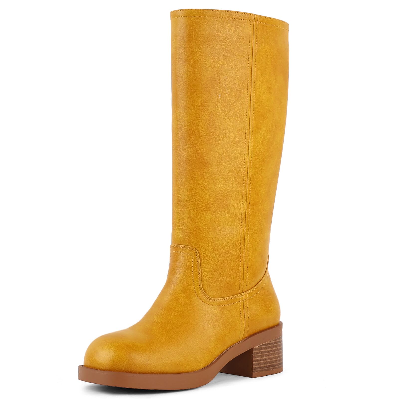 FancyQueen Womens Knee High Boots - Square Toe Platform Chunky Block Heel Banana Campus Boots Pull On Comfortable