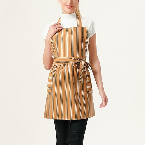 Miniatura 3 de Love Potato Delantales de algodón para mujer con bolsillos, delantales de rayas suaves, perfectos para cocina, hornear y jardinería