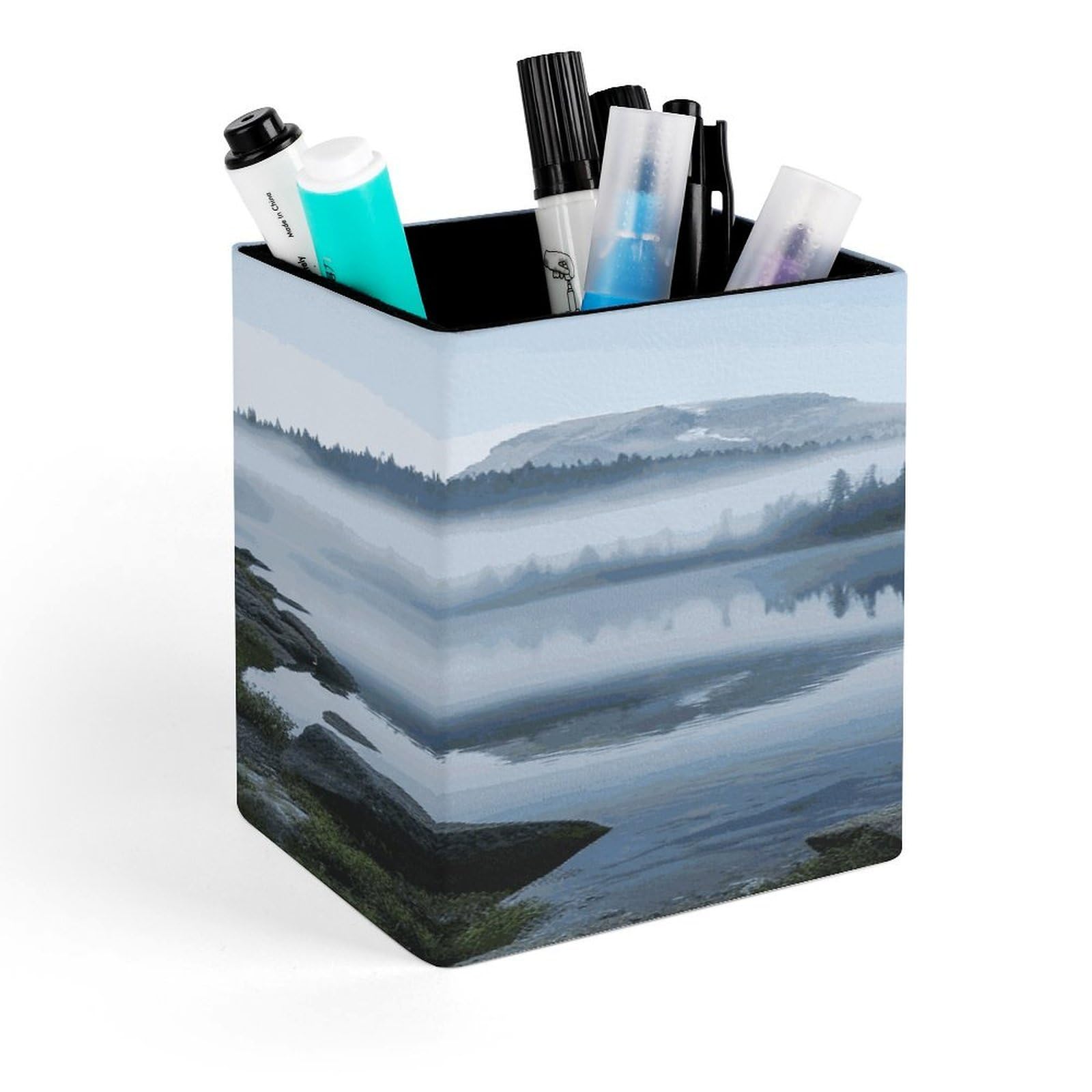 JTREHY Foggy Lake by Mount Rainier Pen Holder Square Pen Pencil Holder Makeup Brush Holders Cup PU Leather Pencil Cups Desktop Caddy Stationery Organizer Case Office Accessories Container Box