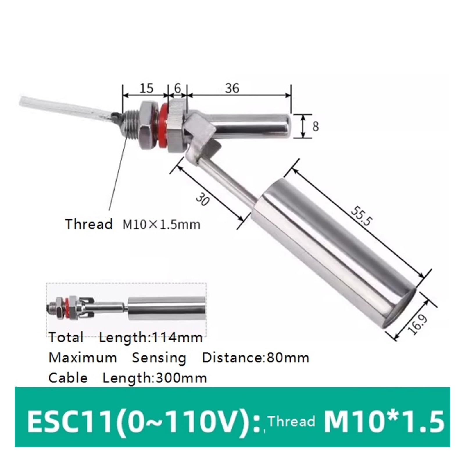 Interruptor de flotador estilo pico de pato, controlador de nivel de agua de montaje lateral, rosca M10, 0–110 V