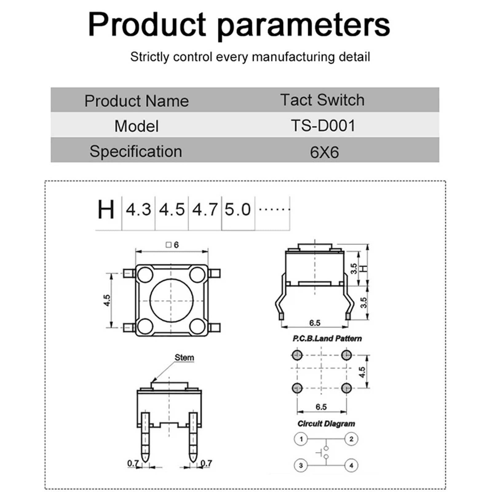 50 Interruttori Tattili Micro 6x6x4.5mm - Pulsanti Momentanei 4 Pin Per PCB, 12V - Foto 5