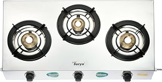 GOLDEN SURYA 3 Burner Gas Stove, Premium Stainless Rust Proof Frame, 3 Brass Burners, Manual Ignition, 18 Months Warranty, BIS Certified -(Trimax)