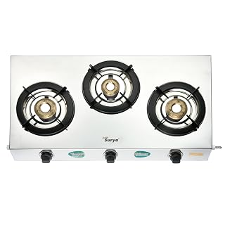Golden Surya 3 Burner Gas Stove, Premium Stainless Rust Proof Frame, 3 Brass Burners, Manual Ignition, 18 Months Warranty, BIS Certified -(Trimax) - Amazon product rated Grade A