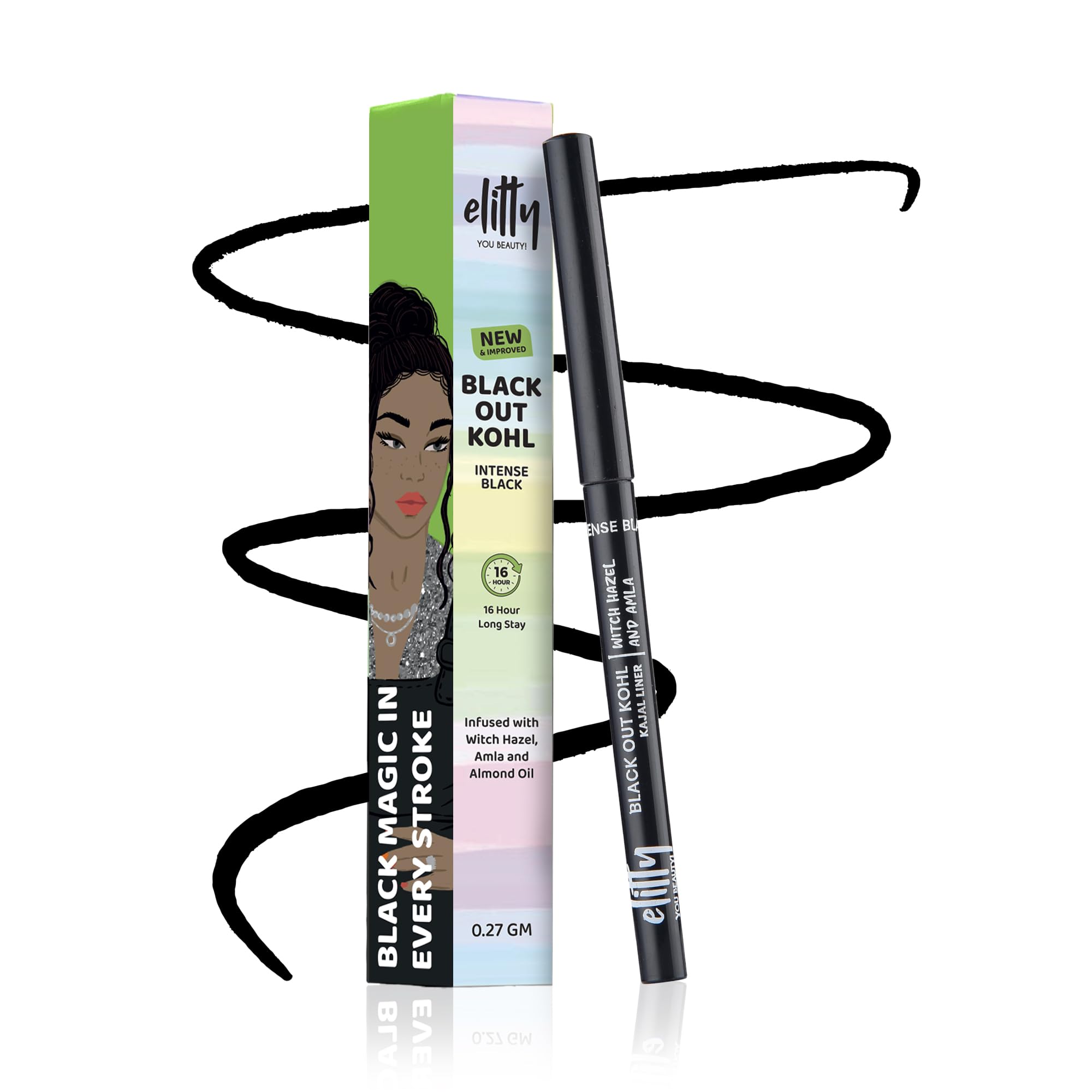 Elitty Black Out Kohl- Intense Black Kajal, Smudge Resistant, Fade Proof, Infused with Witch Hazel, Amla,Almond Oil, Vegan & Cruelty Free - .27gm