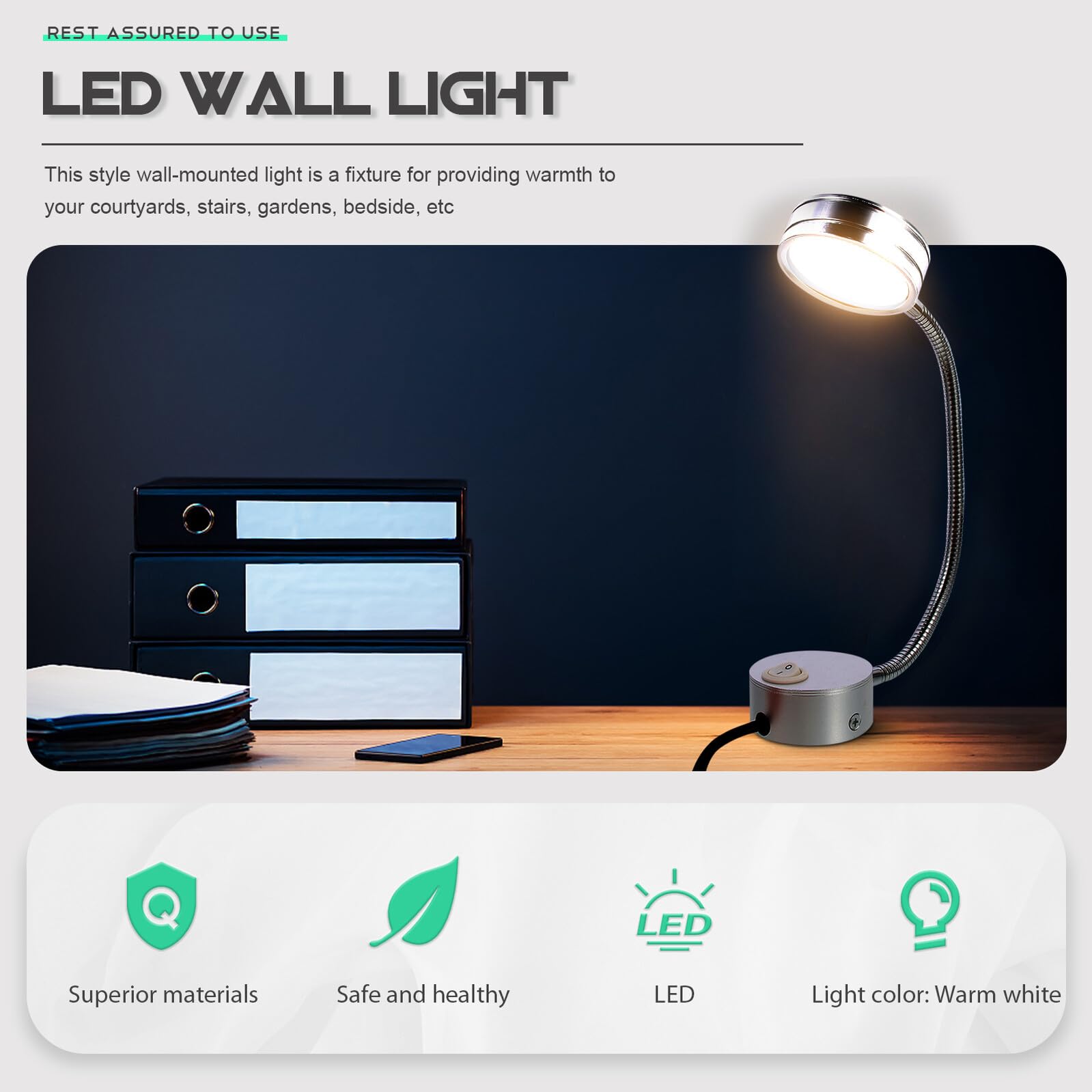 Lámpara de Lectura para Cama LED de Pared, Luz Decorativa de Aluminio Plata Cuello Cisne Flexible, Fácil de Usar para Dormitorio y Pasillo