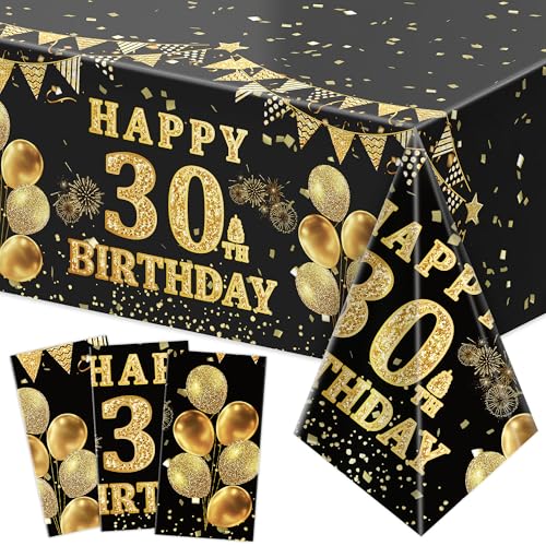 Image of Labeol 3 Pack 30th Birthday Tablecloth, Black and Gold Happy 30th Birthday Decorations, Disposable Plastic Rectangular Table Cover Party Supplies for Men Women