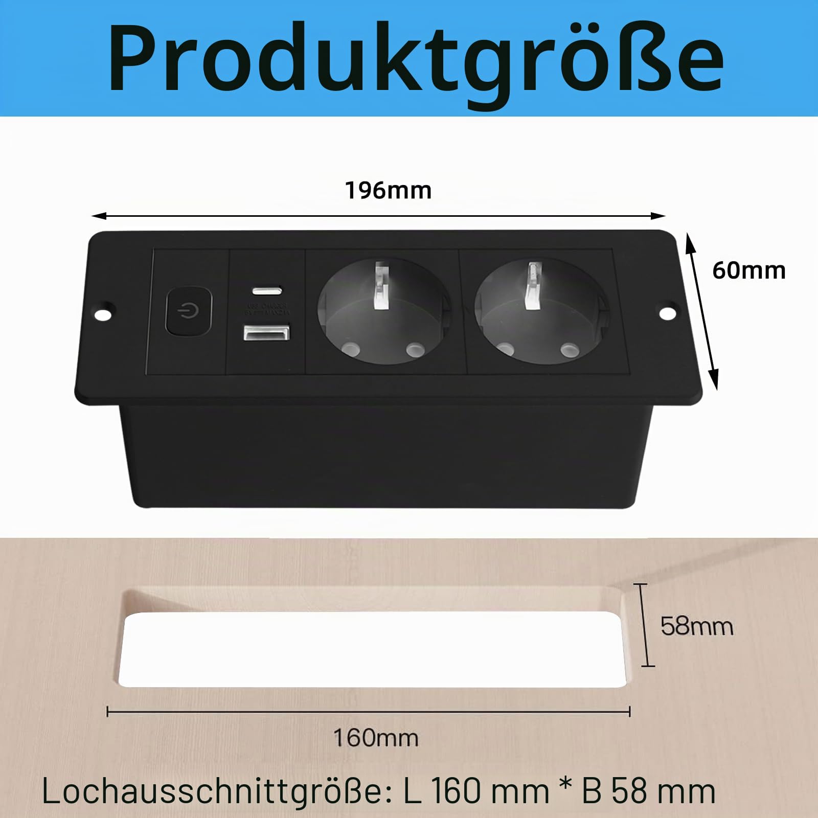 Versenkte Steckdose, Tischplatte Versenkte Steckdose mit 2 USB, Einbau Steckdosenleiste mit 1.8m Kabel, Tischsteckdose mit USB Einbausteckdose (Black)