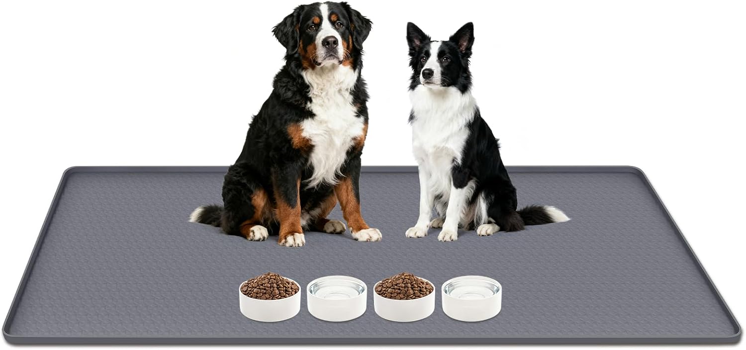 Lanstics Dog Food Mat, 50" x 35" Large Silicone Mat Dog Feeding Mat with Raised Edge Non-Slip Pet Feeding Mat for Food and Water Bowl, Easy to Clean, Floor Protection (Gray)