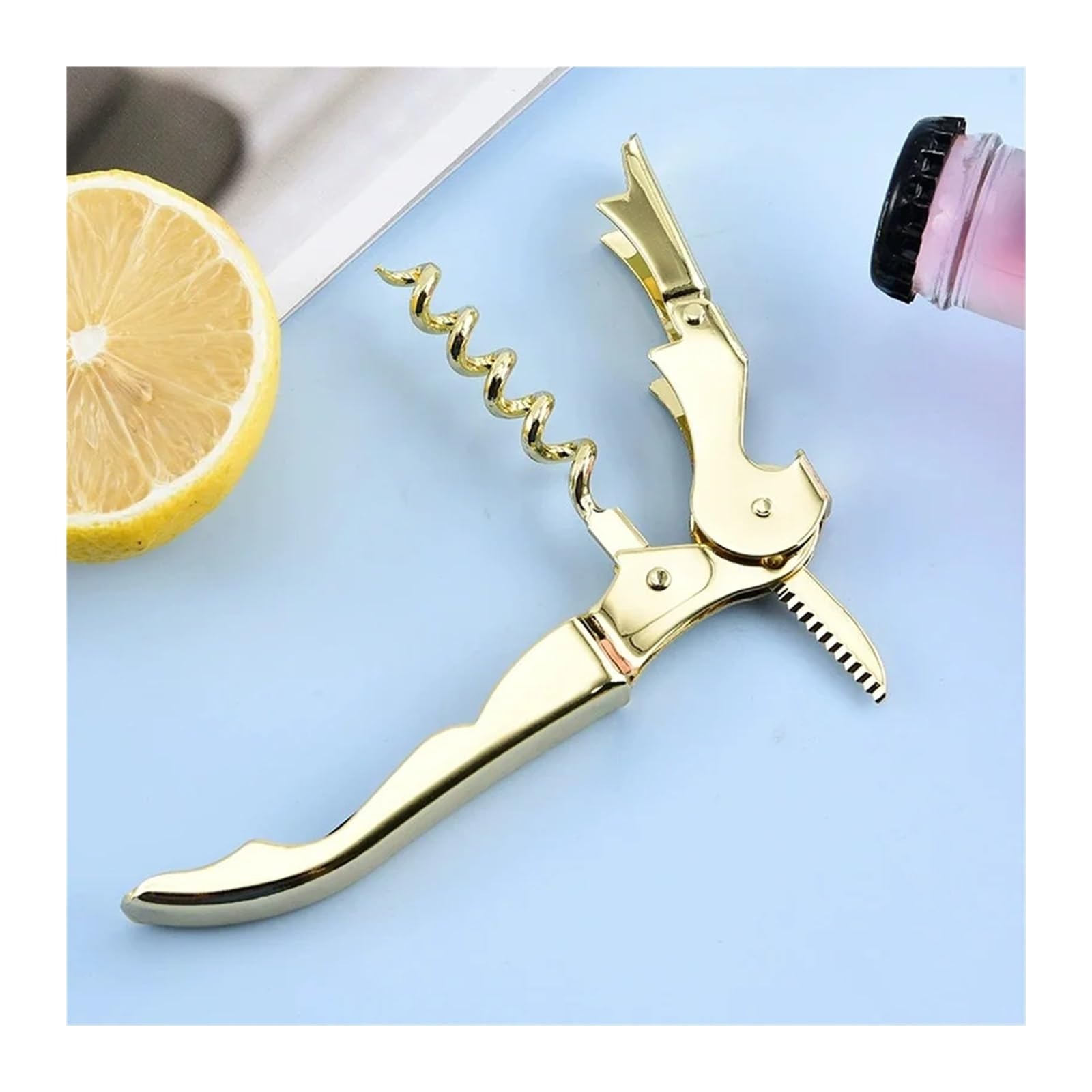 Sacacorchos de camarero profesional: cuchillo dentado, cuello grueso, punto apoyo con doble bisagra y tornillo más for abrir fácilmente el vino(Rose Gold)