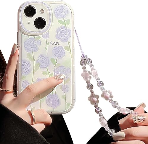 NITITOP Funda compatible con iPhone 13 con cadena, elegante funda floral morada con bonita pulsera de flores para mujeres y niñas, funda de TPU