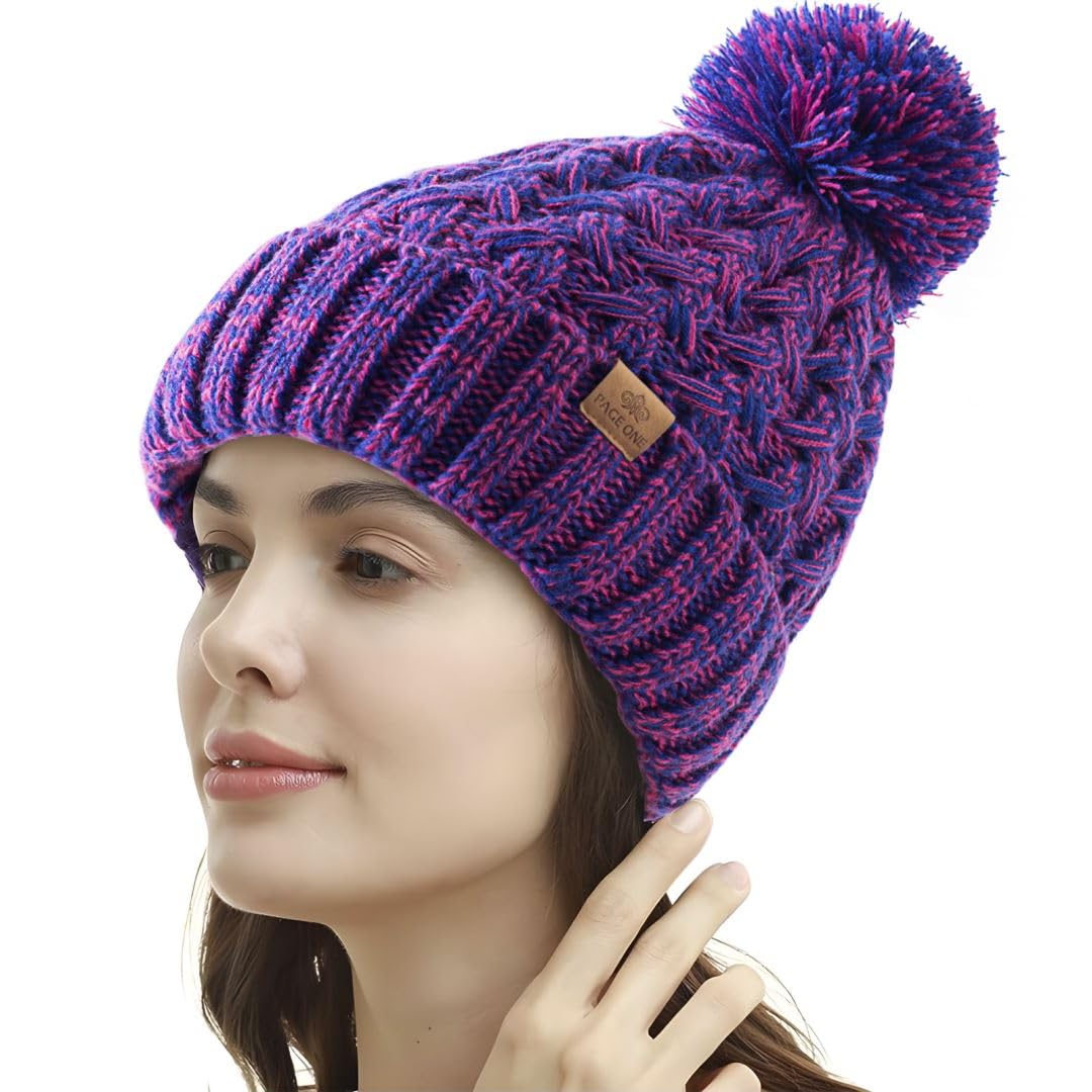 PAGE ONE Womens Winter Ribbed Beanie Crossed Cap Chunky Cable Knit Pompom Soft Warm Hat Dark Rose