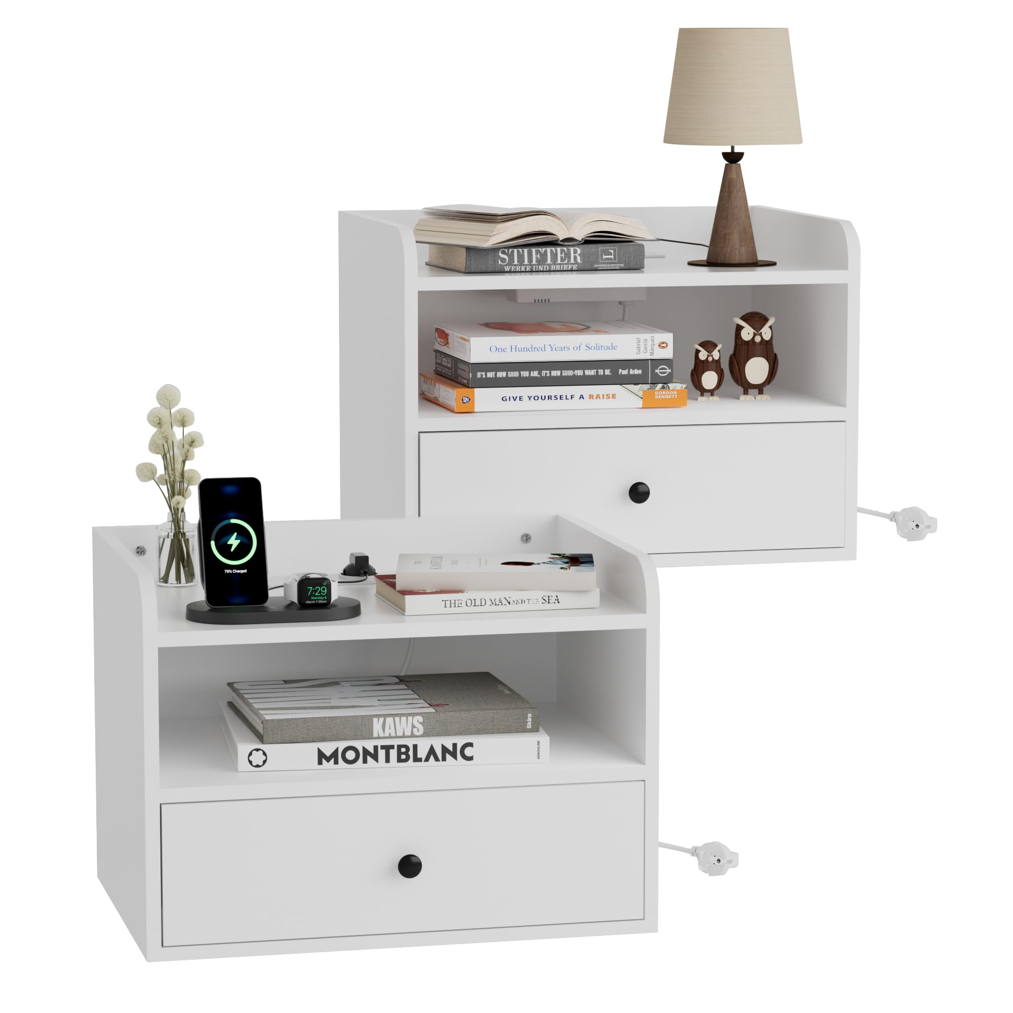 BonVache Nachttisch Hängend 2er Set, Nachttische Wandmontage mit Offener Raum und Schubladen, Steckdosen und Schnittstellen, Modern, für Wohnzimmer, Schlafzimmer, Weiß