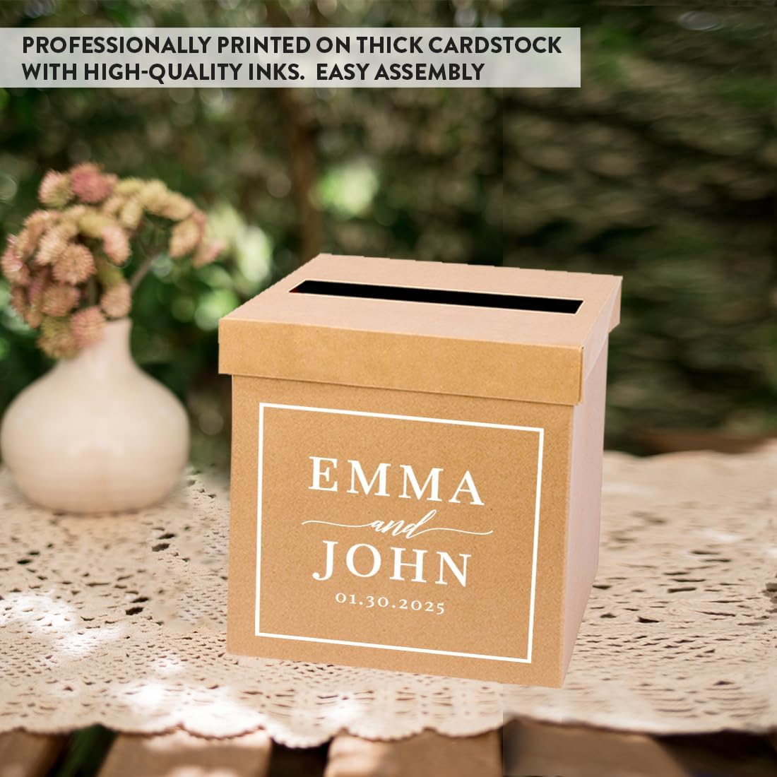 Andaz Press Personalized Sturdy Rustic Card Box for Wedding Natural Kraft with White Text Modern Square Frame Custom Post Box Rustic Card Box for Country Wedding Decorations Reception 10x10x10 Inches
