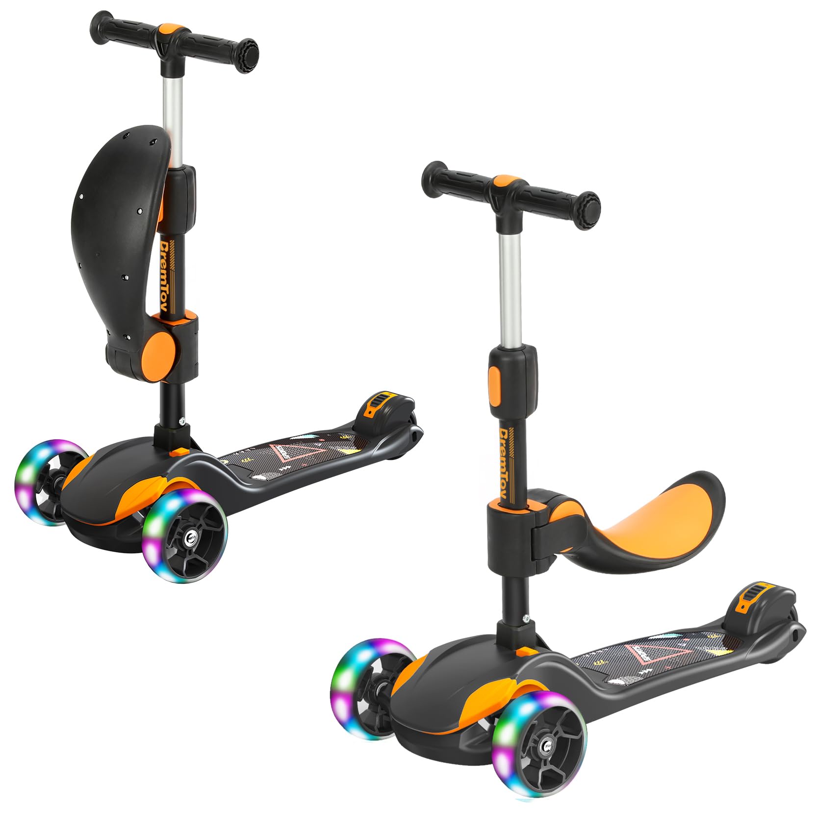 BremToy Roller Kinder mit Abnehmbarer Sitz, Kinder Roller mit Stufenlos Einstellbar, Kinder Scooter mit PU Rädern, Faltbarer Kinderroller für Kinder von 3-12 Jahren