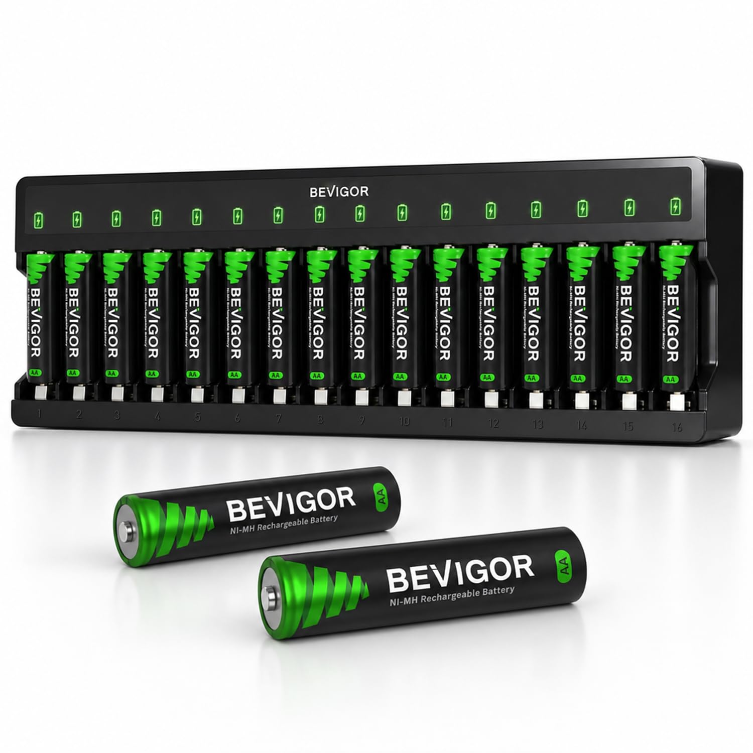 BEVIGOR Rechargeable AA Batteries with Charger, 18 Pack 2800mAh High Capacity Ni-MH Double A Batteries with Smart 16 Bay Smart Battery Charger, USB Fast Charging