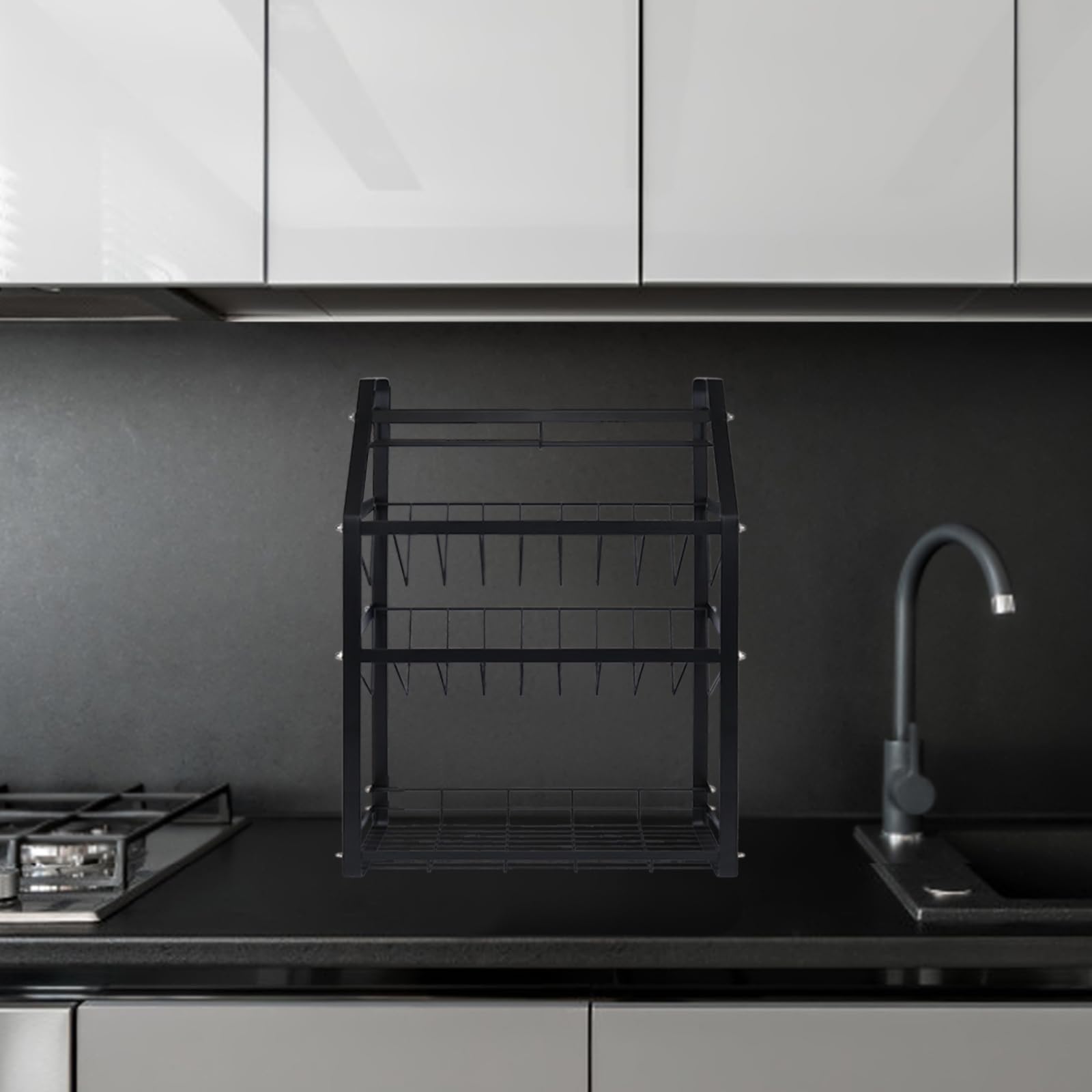 AufuN Gewürzregal Mit 4 Etagen – Schwarzes Metallregal, 45° Geneigt, Für Gewürzflaschen, Öl & Küchenutensilien