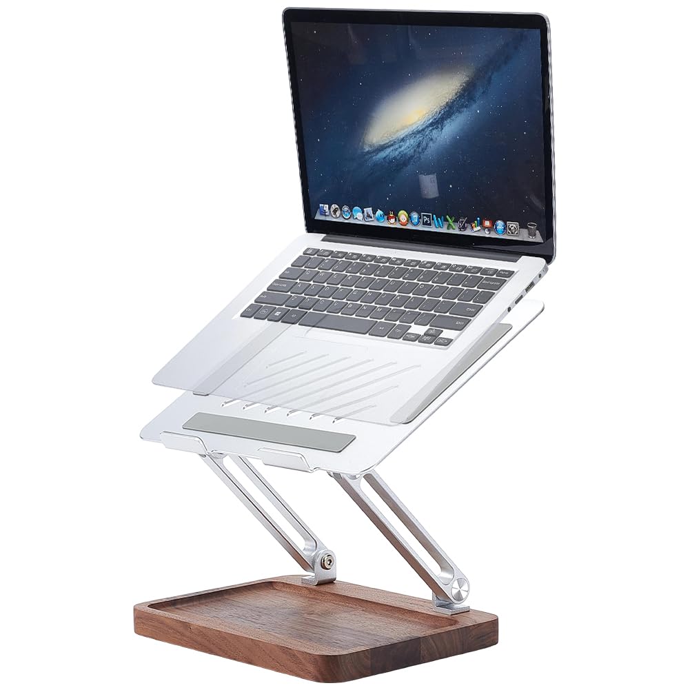 UNICRAFTALE Supporto per computer portatile in legno per scrivania, rialzo regolabile in altezza e angolo con base di stoccaggio in noce supporto refrigerante cavo per computer portatile 10-17 pollici