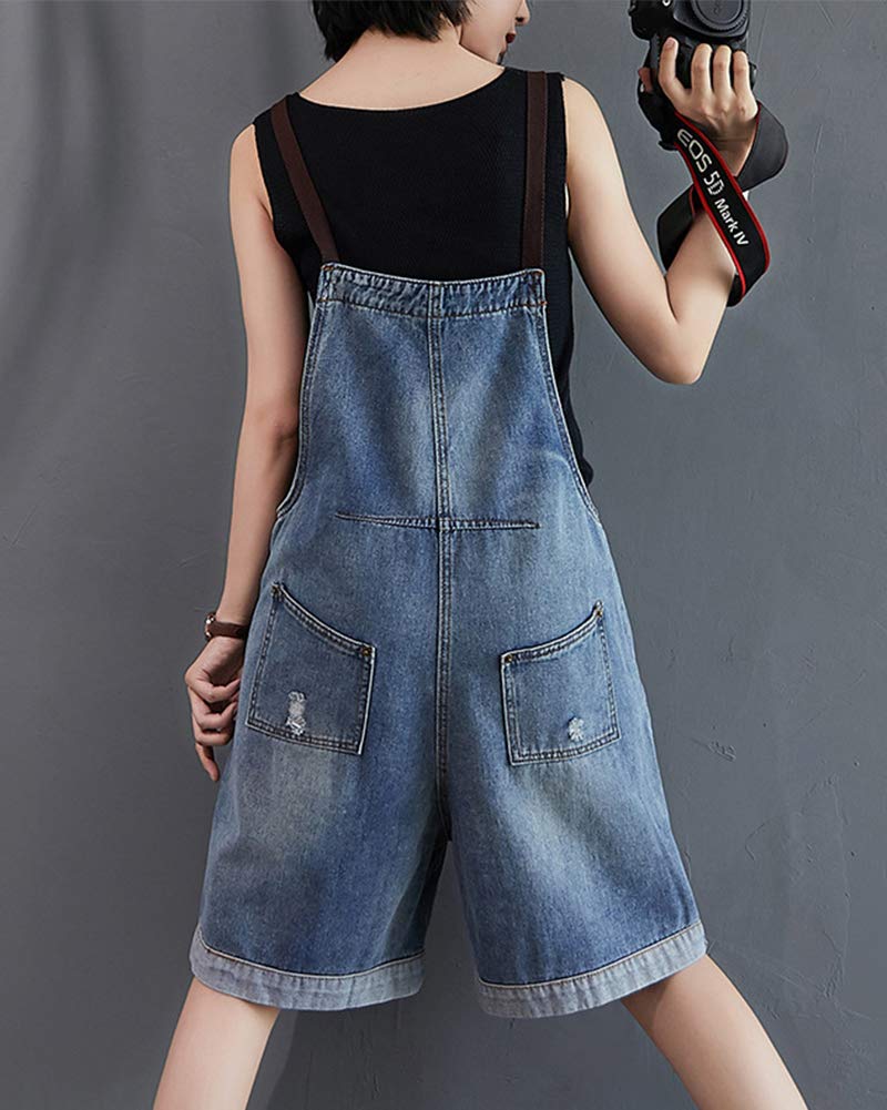 Salopette Donna Jeans Corta Gambe Larghe Pantaloncini Dungarees Denim Overall Jumpsuit con Tasche