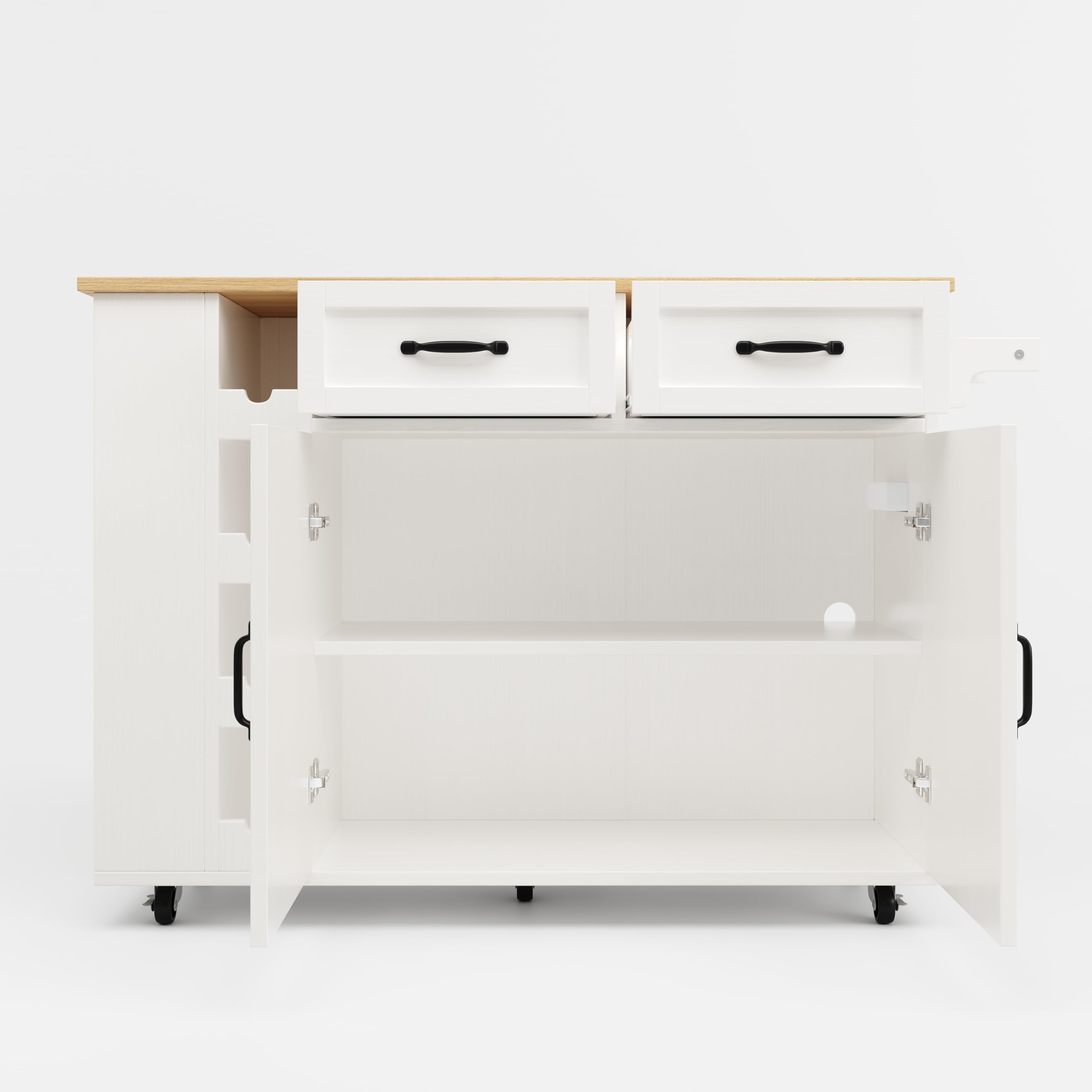 Ymkua Küchenwagen, Kücheninsel Küchenschrank, Anrichte mit Arbeitsplatte klappbar, Eiche Maserung, Esswagen Anrichte mit Steckdosenleiste Ausgestattet für Küche und Haus, Weiß, 131.5x43x90.7 cm
