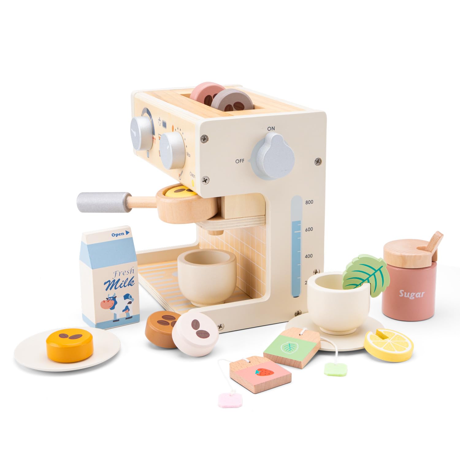 Woet® Jouet Machine à Café en Bois pour Enfants – Set Barista avec Lait, Sachets de Thé et Accessoires – Jouet de Cuisine FSC – À Partir de 3 Ans – Cadeau Filles et Garçons