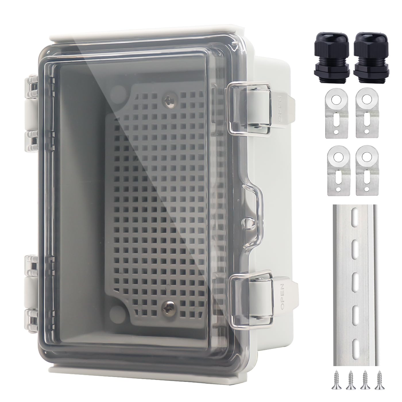 IP67 Waterproof Junction Box, ABS Plastic Electrical Enclosure with Stainless Steel Latch, Hinged Cover Electric Box with Mounting Plate, Wall Brackets & Cable Glands 280x190x130mm — Amazon image 18