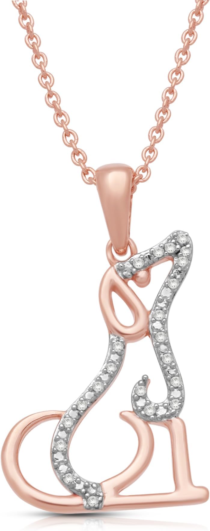 Jewelili 14K Rose Gold Over Sterling Silver Natural White Round Diamonds Dog Pendant Necklace, 18" Rolo Chain