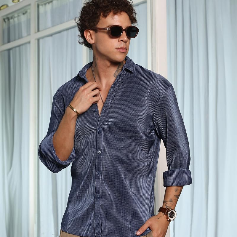 Image of CAHOOT Men's Hexagon-Lined Shirt | Casual Wear | Spread Collar | Long Sleeve | Button Closure | Shirt Crafted with Comfort Fit for Everyday Wear