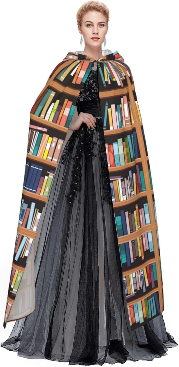Library Bookshelf Print Halloween Hooded Cloak Hooded Cape Adult Halloween Costume Cosplay Witch Cloak with Extra Comfort Black
