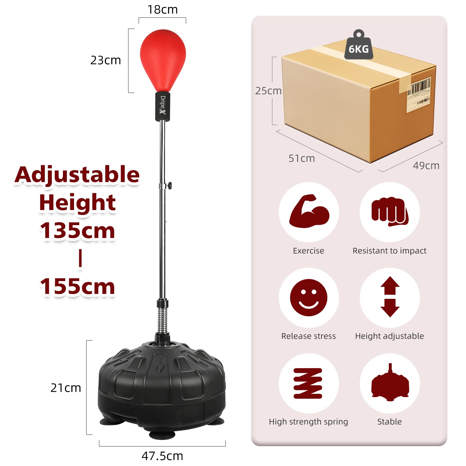 Dripex Punching Ball Palla da Boxe su Supporto Sacco da Boxe Palla di Pugilato da Terra Base con 6 Ventose Altezza Regolabile 135-155 cm