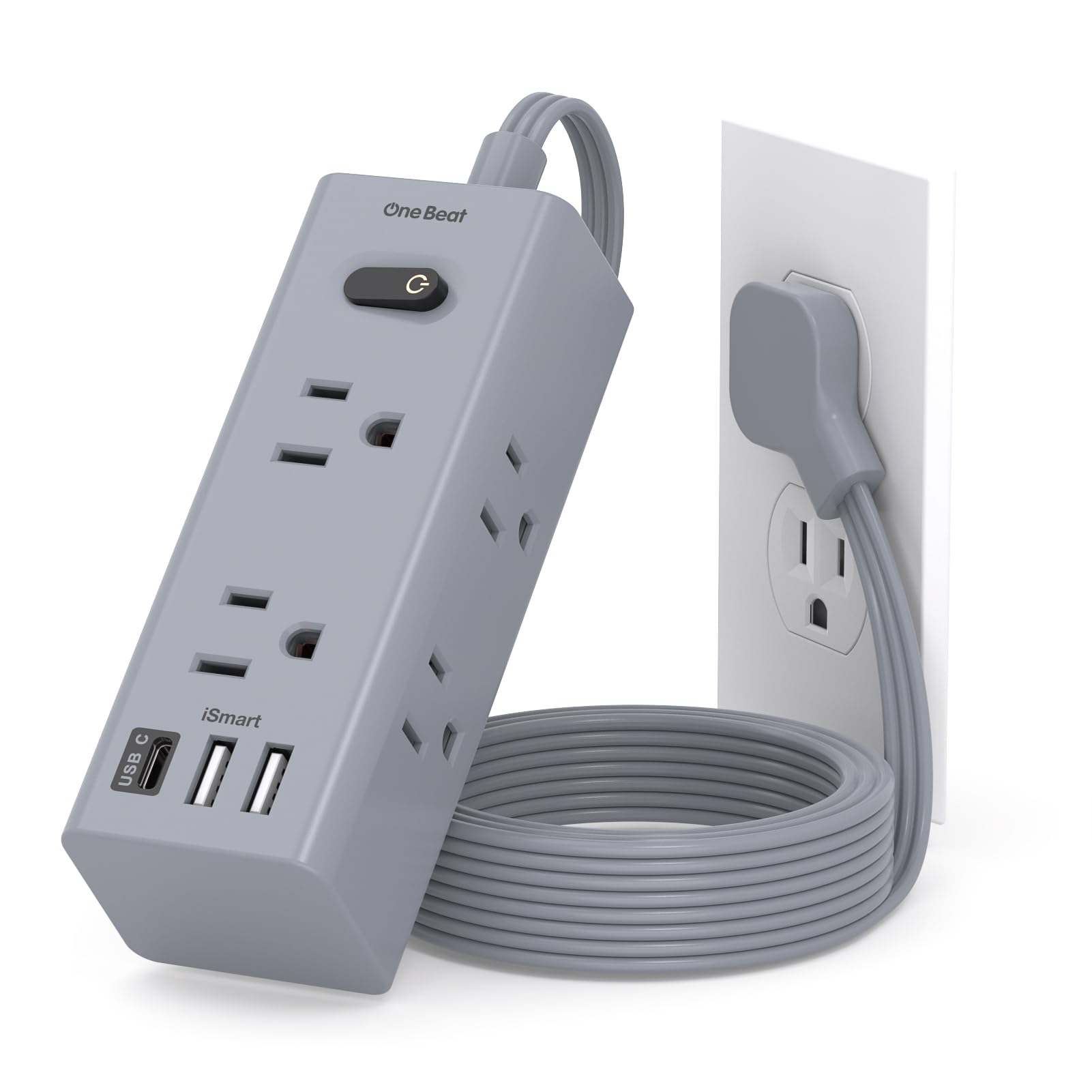 5Ft Extension Cord with Multiple Outlets, Flat Plug Power Strip Surge Protector with 5 Ft Long Cord, 6 Outlet 3 USB Ports (1 USB C), Multi Outlet Wall Plug for Travel, Dorm Room Essentials-Grey