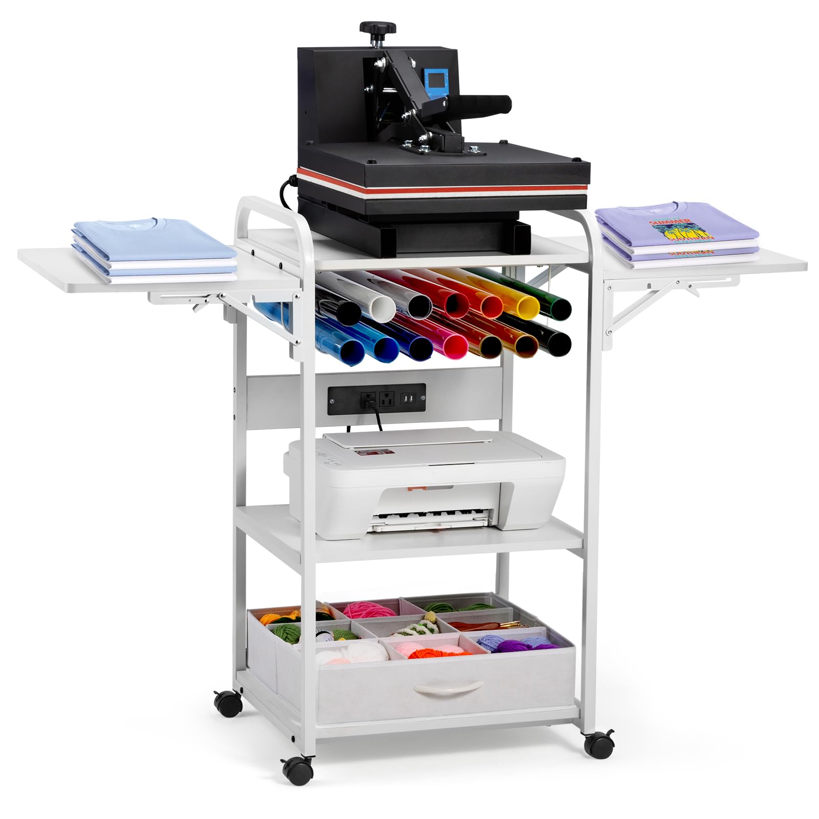 3 Tier Movable Heat Press Table with Folding Shelf, Foldable Heat Transfer Machine Stand, 20'' Heavy Duty Rolling Workbench for DIY Sublimation Transfer Machine (White)