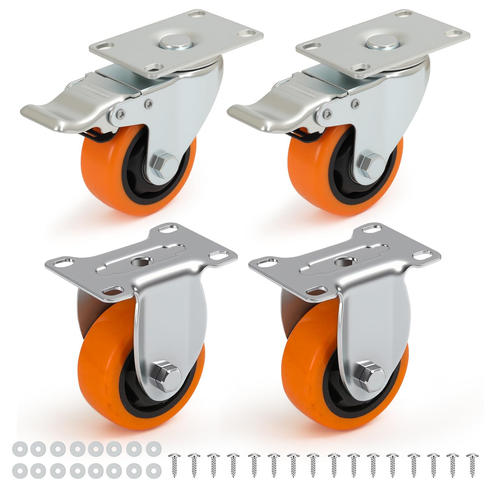 Nfbcxutkw 2 Rigid + 2 Locking Casters 3 Inch Heavy Duty Casters Set Of 4, 2 Rigid + 2 Locking, Orange Pu