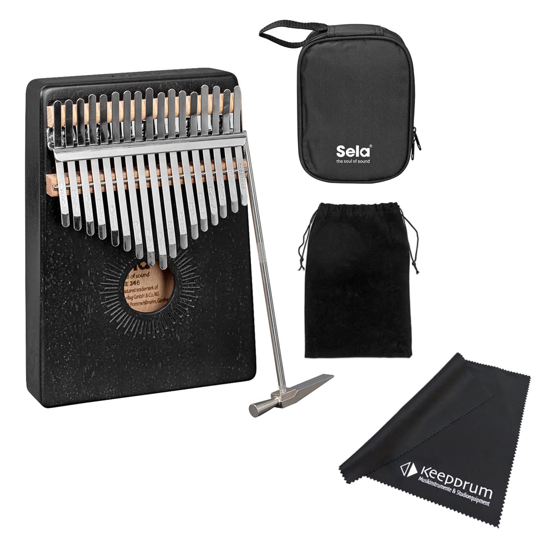 Sela SE246 Kalimba Percussioni Strumento Musicale Mogano 17 Nero + panno in microfibra Keepdrum