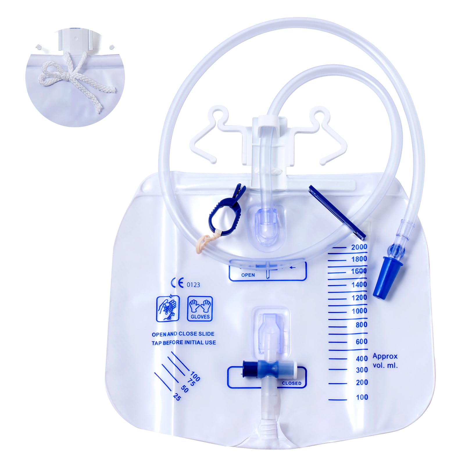 5 Packs Urinary Drainage Bag with Anti-Reflux Chamber, Urine Bag with 2000 mL Volume for Adult，Clips and Hanging Hook, Professional Urinary Bag for