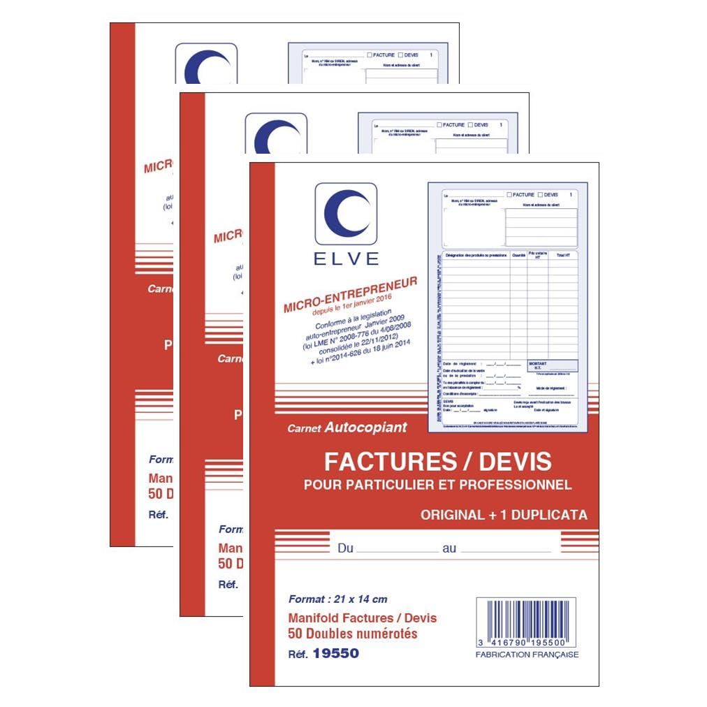 ELVE Lot de 3 Manifolds AUTO-ENTREPRENEUR Facture/Devis 21 x 14 cm Vertical 50 dupli