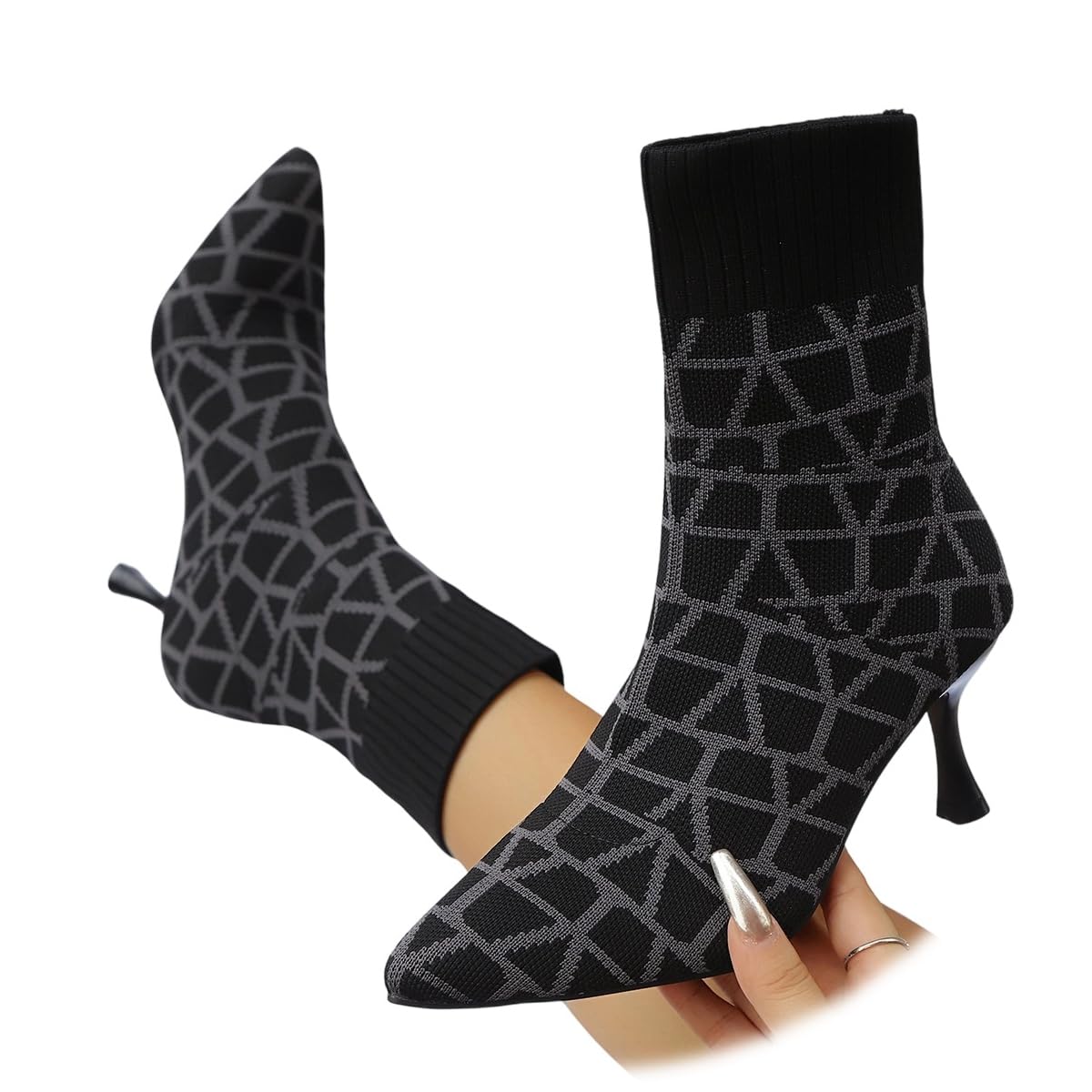 Women Stiletto High Heel Pointed Toe Ankle Boots Stiletto High Heels Mid Calf Booties Stretch Knit Shoes 2
