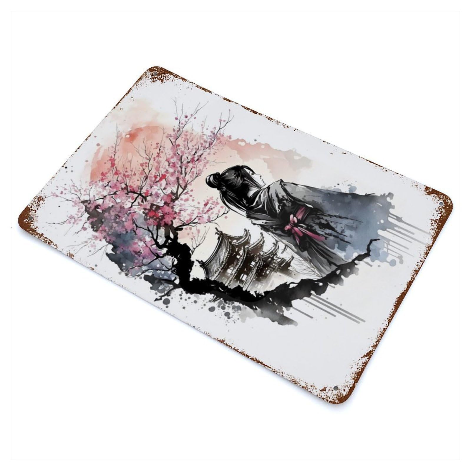 Geisha Cherry Blossom Distressed Metal Wall Sign 11.8"x7.9", Rustic Home Decor for Farmhouse, Kitchen And Entryway Decor