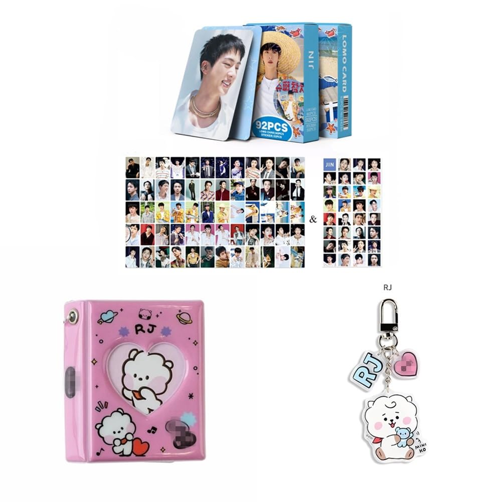 Kpop Set 60pcs JIN Personal Photocards Postcard, 32pcs Stickers, RJ Album Binder Holder Book, RJ Keyring Keychain (JIN)