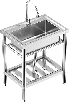 28"x20"x34" Stainless Steel Utility Sink, Freestanding Single Bowl with Hot & Cold Water Faucet, Commercial Kitchen Laundry Bathroom Garage Garden Sink