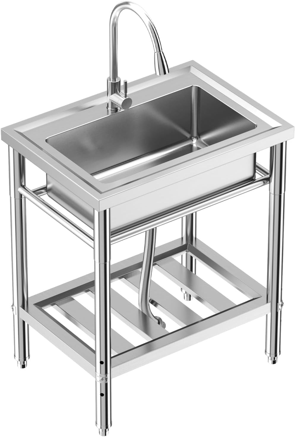 Küchenspüle Spültisch freistehend Edelstahl Waschbecken mit Schüssel Wasserhahn, Ablage, Kalt- Und Warmwasserleitung, Kommerzielles Spülenset für Küche, 70x50x86 cm